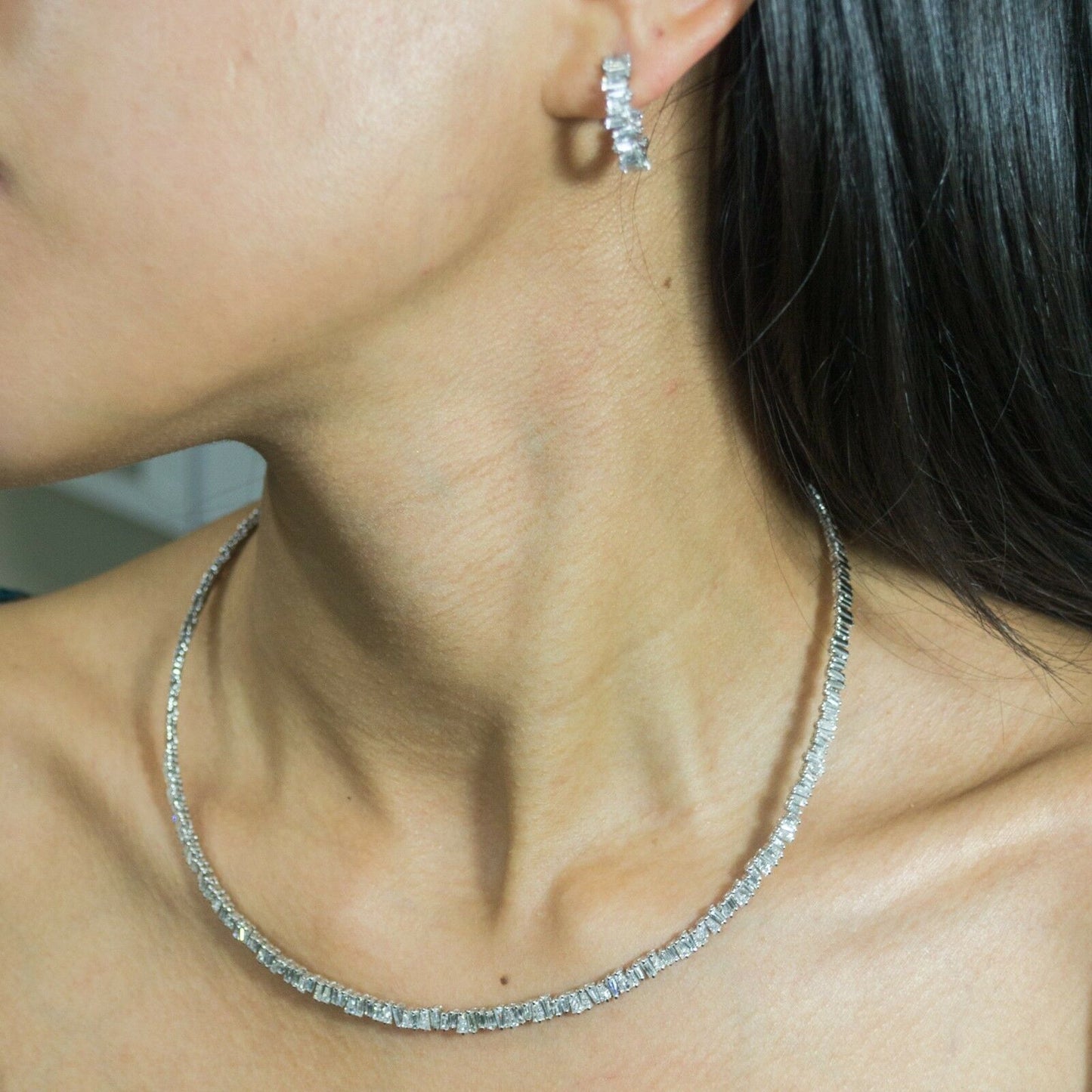 14K Gold 3.95 CT Baguette Cut Diamond Choker Necklace Certified Natural