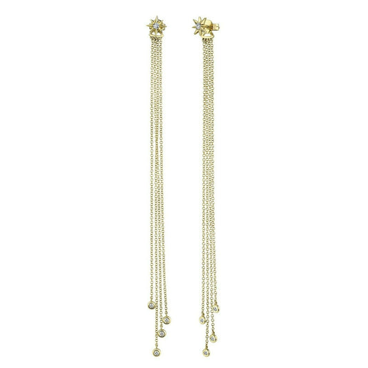 14K Gold 0.24 CT Diamond Fringe Chain Earrings Star Shoulder Dusters Round