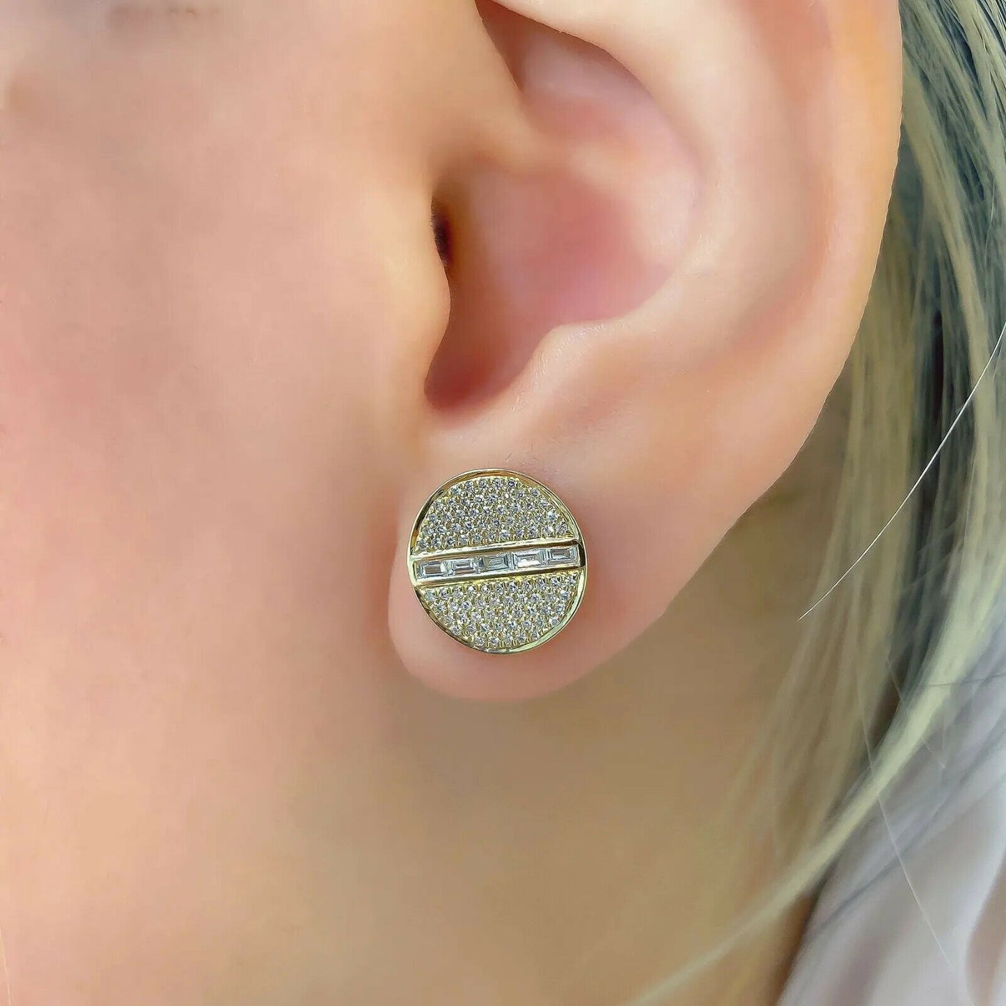 14K Gold 0.54CT Baguette Diamond Circle Stud Earrings Disc Natural