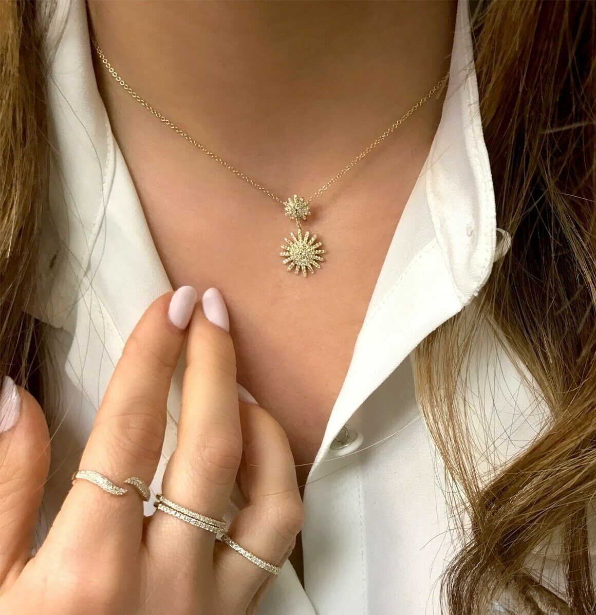 14K Gold 0.32 CT Diamond Sunshine Sun Ray Pendant Necklace Natural Round