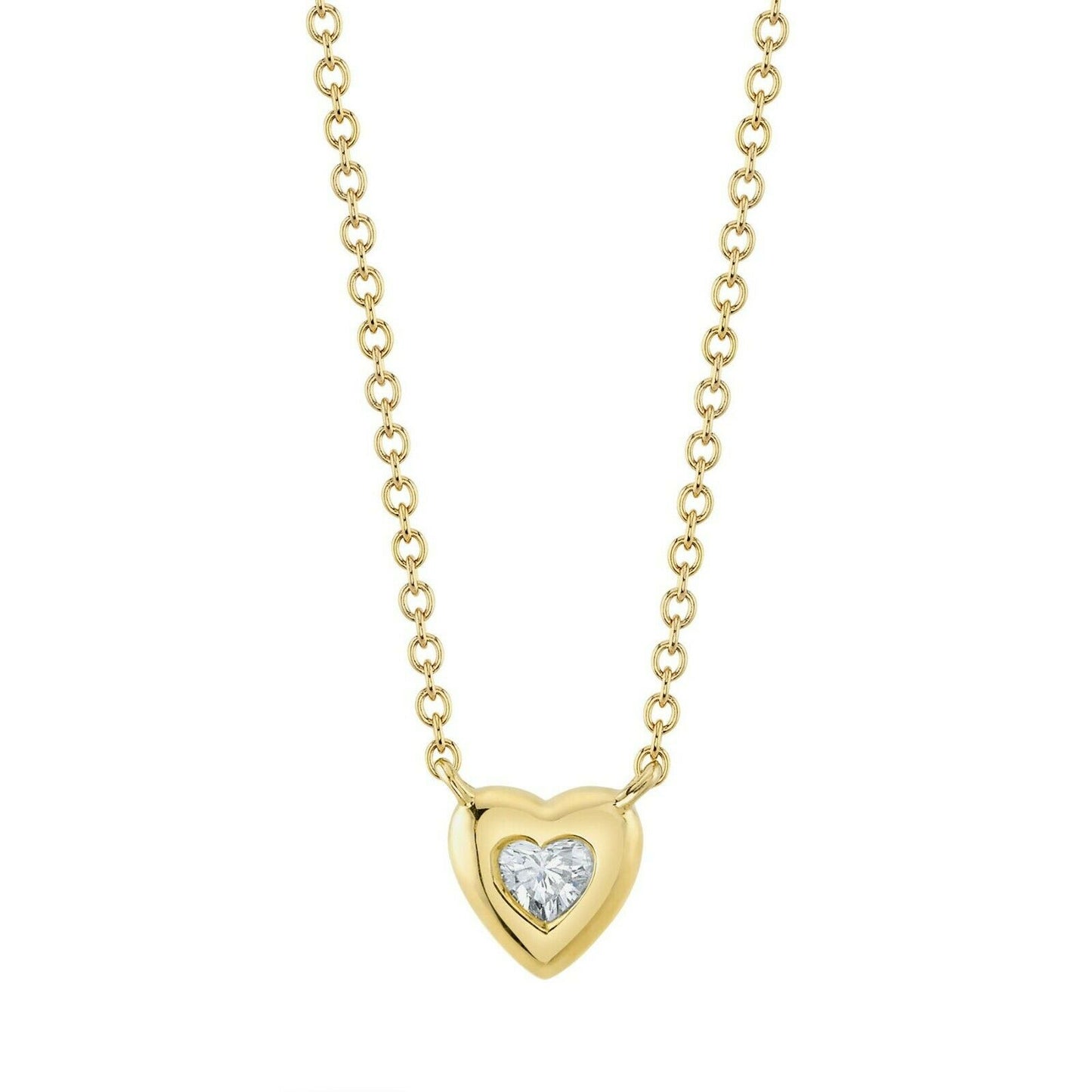 Heart Cut Diamond Pendant Necklace 14K Yellow Gold Solitaire Bezel Set 0.08CT