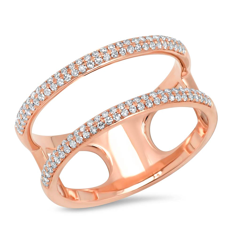 14K Gold 0.30 CT Diamond Pave 2 Band Rows Open Wrap Statement Ring  Round