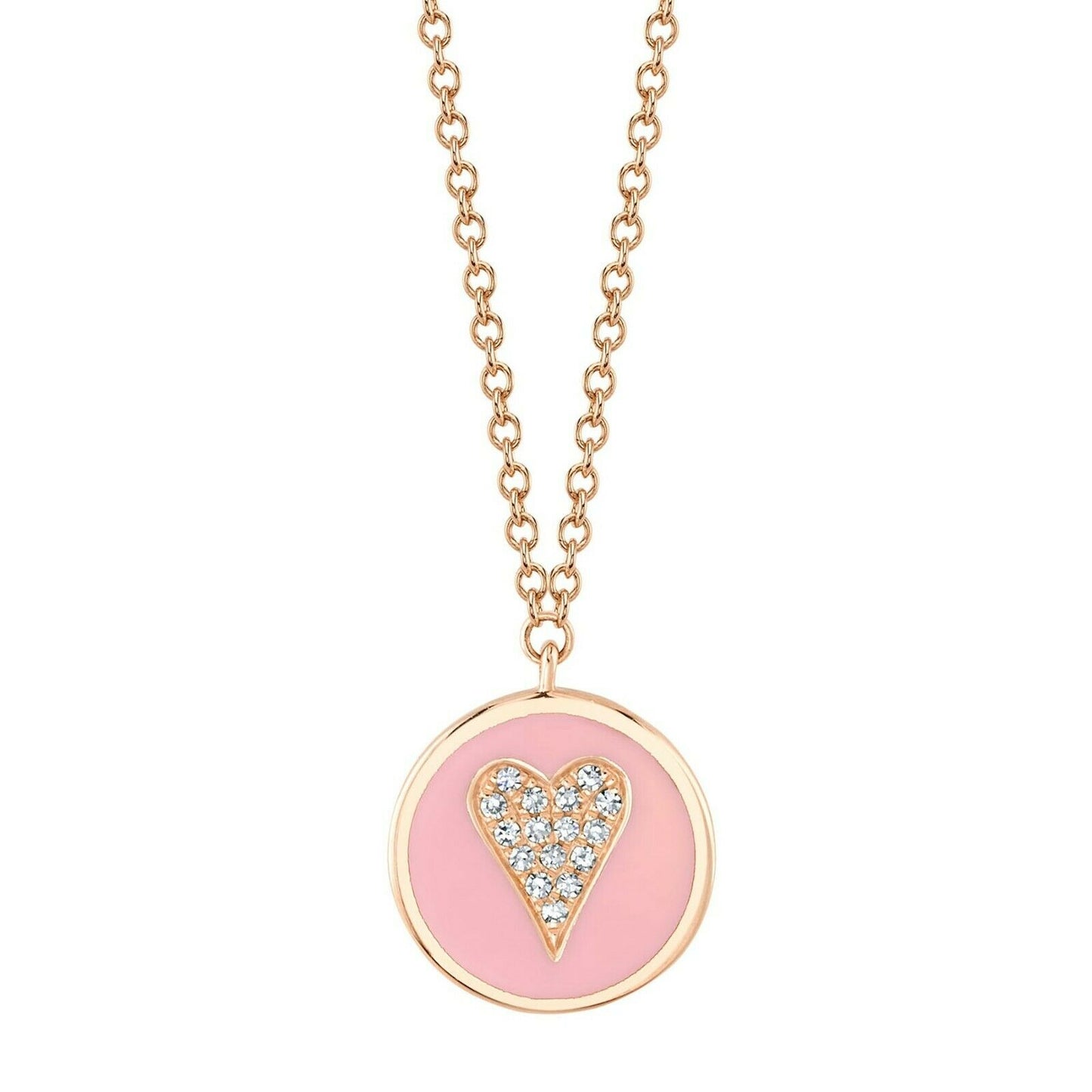 14K Gold 0.04 CT Pink Enamel Diamond Heart Pendant Necklace Circle Disc