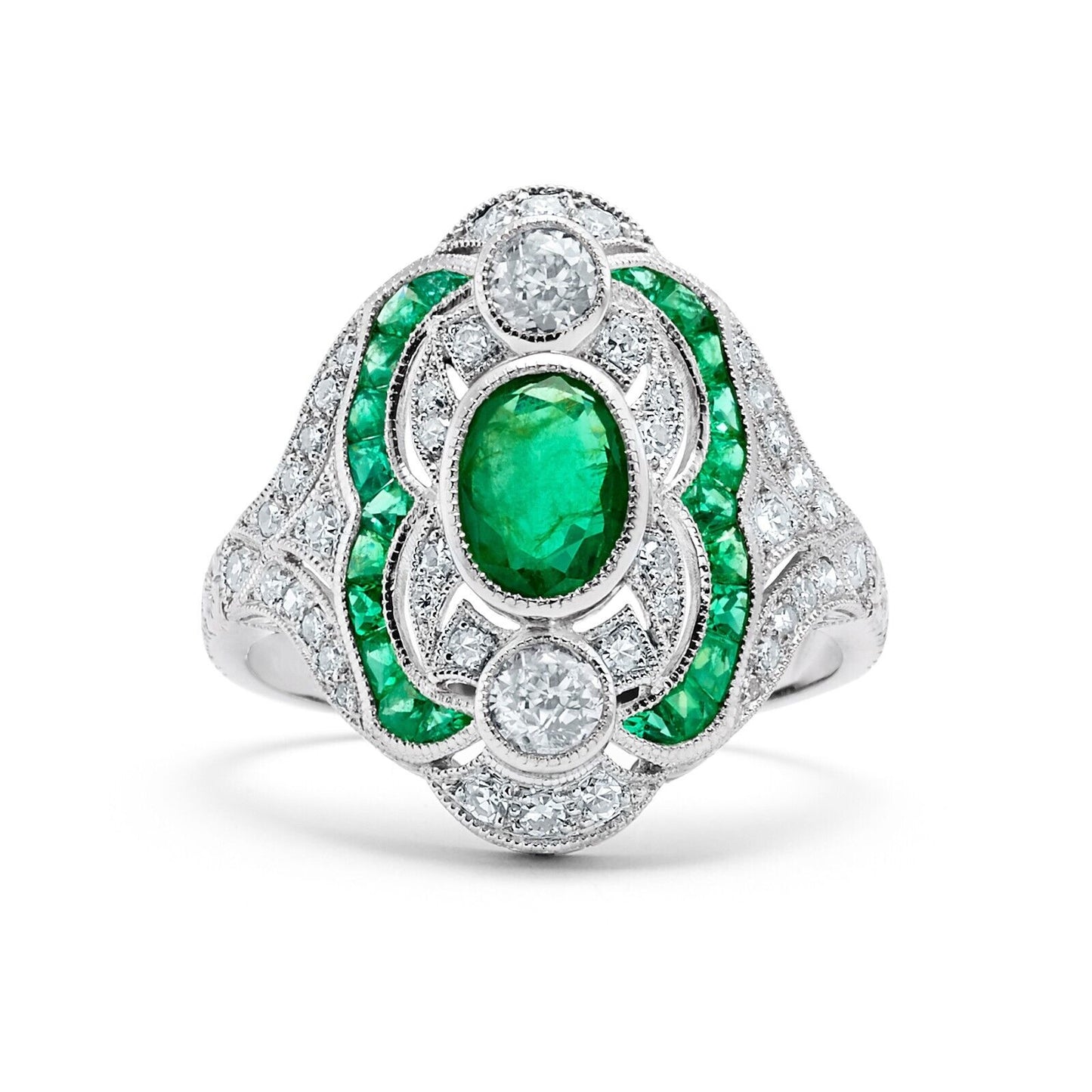 Art Deco Emerald And Old Mine Diamond Platinum Ring