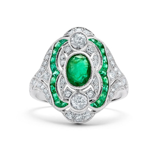 Art Deco Emerald And Old Mine European Diamond Platinum Ring