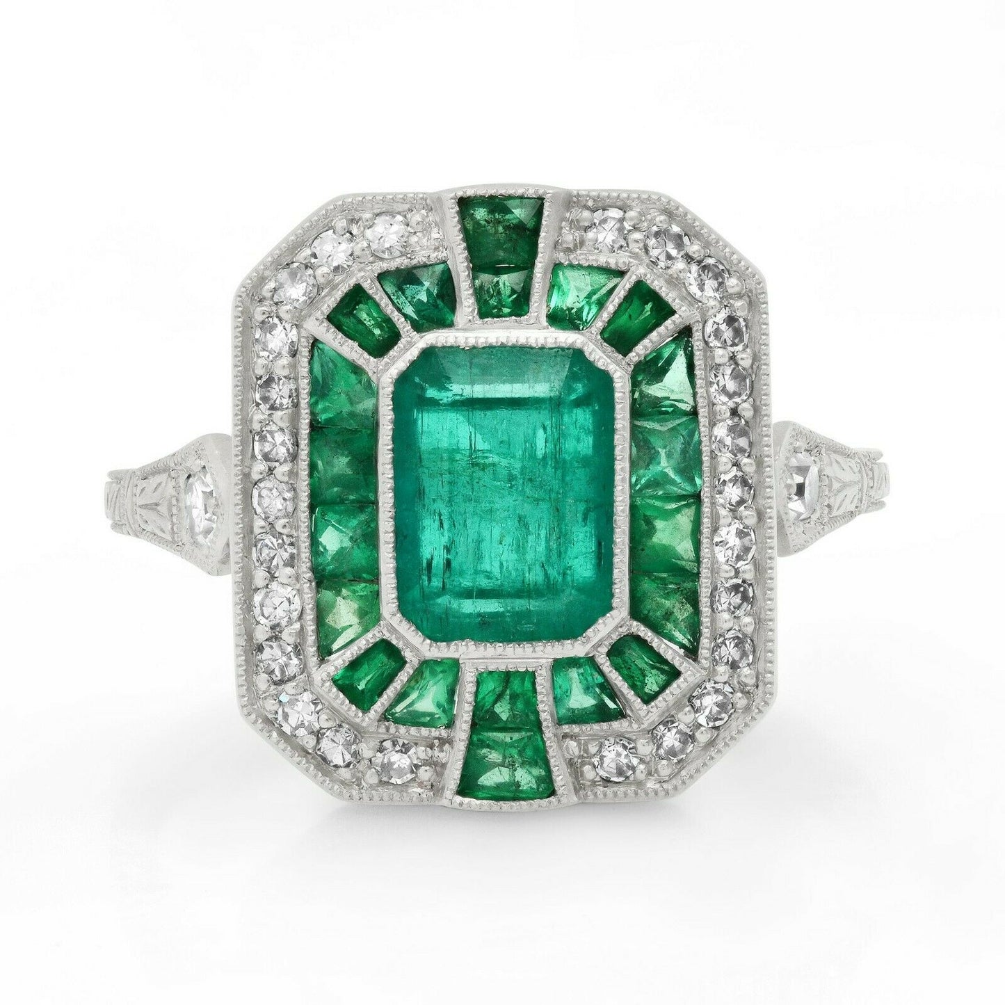 Emerald Platinum Diamond Ring Art Deco Handmade Certified Natural