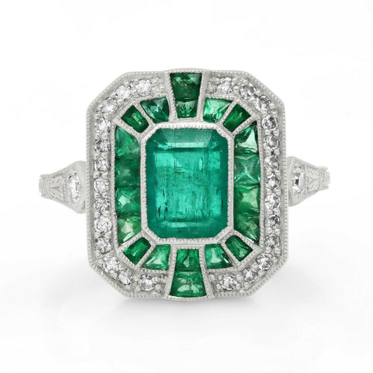 Emerald Platinum Diamond Ring Art Deco Handmade Certified Natural