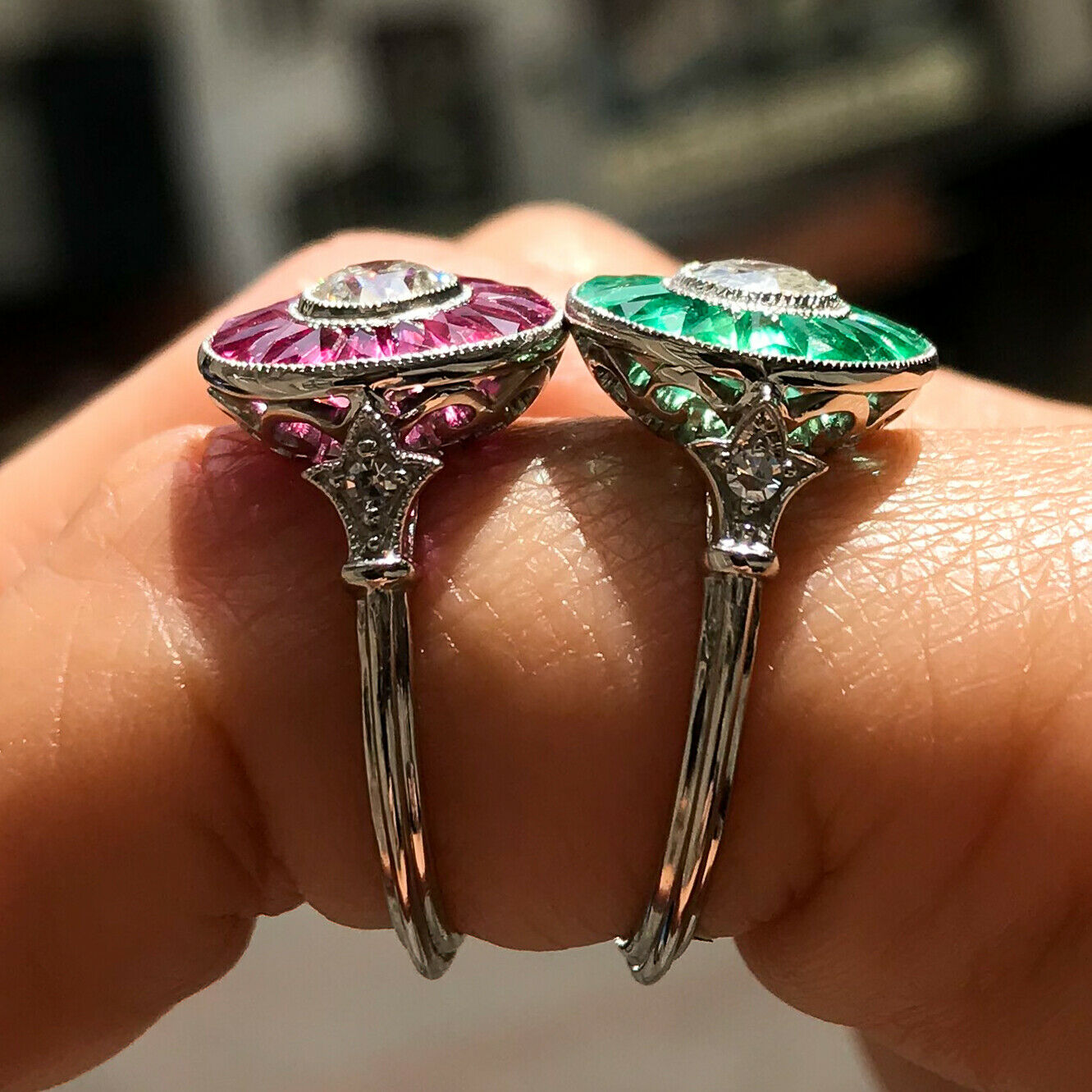 Baguette Cut Emerald Round Diamond Platinum Ring Antique Art Deco