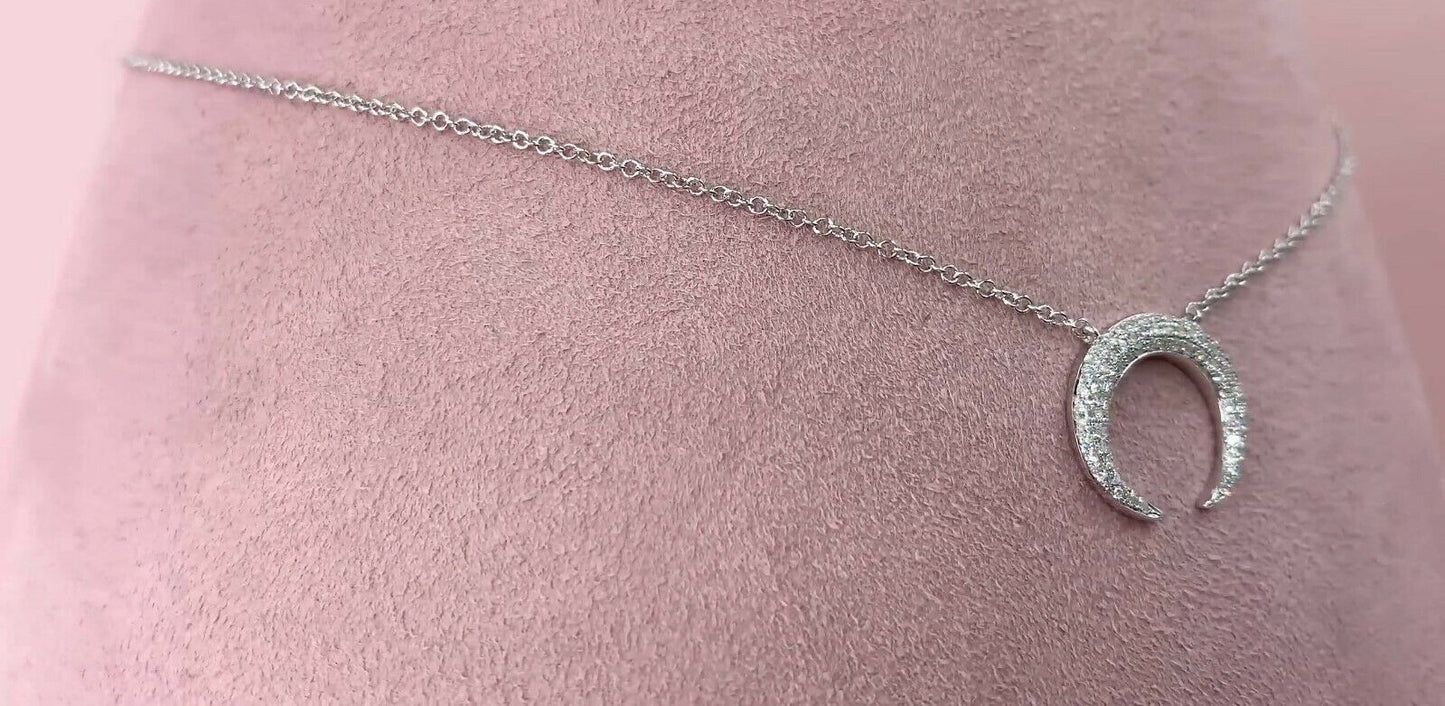 14K White Gold 0.20 CT Diamond Crescent Moon Pendant Necklace Pave Set Round Natural