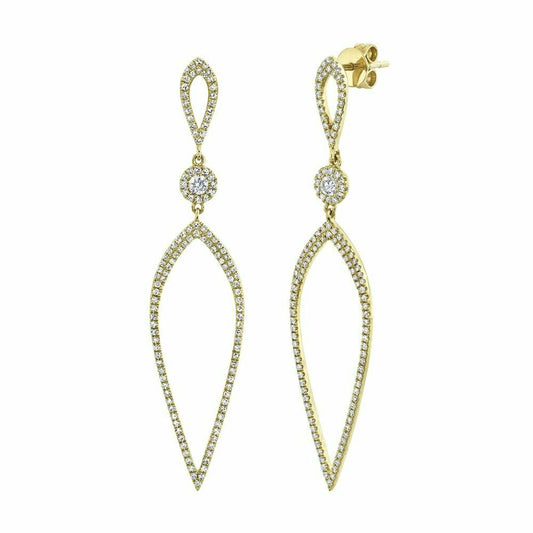 14K Gold 0.74CT  Diamond Tear Drop Earring Shield Dangle Round Cut Natural