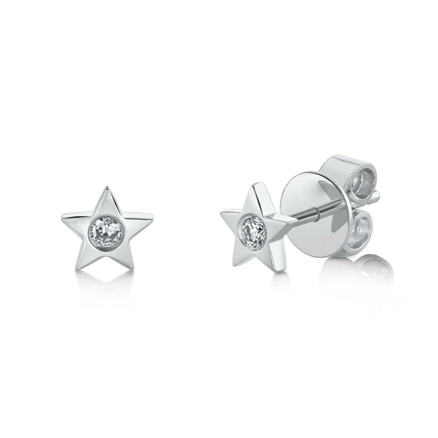 14K Gold 0.06CT Diamond Star Stud Earrings Round Cut Bezel Set Natural