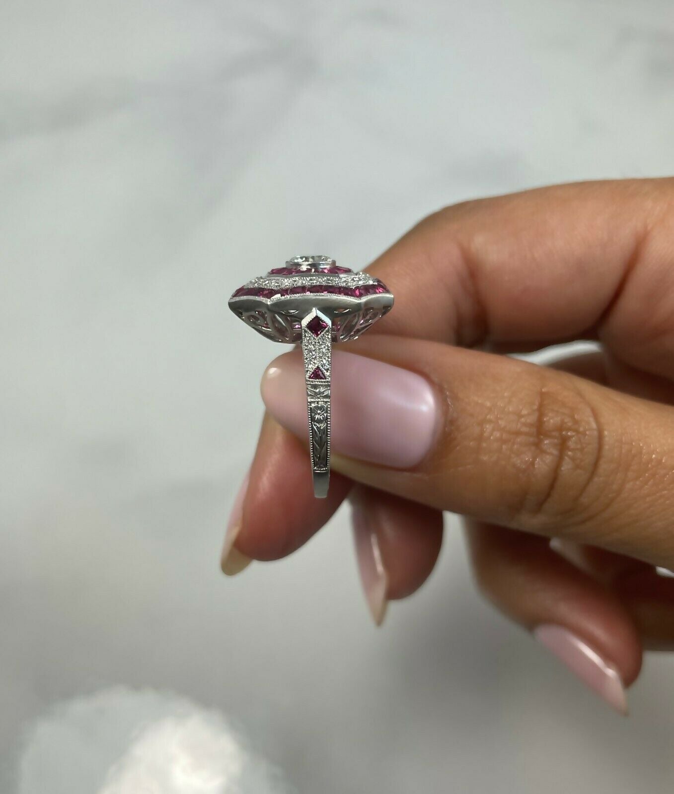 Art Deco Diamond Ruby Platinum Ring Handmade French Cut Cocktail Natural