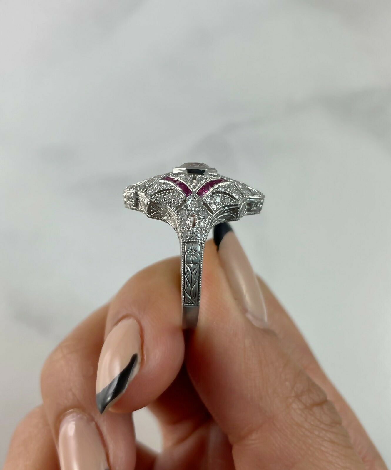 Platinum Diamond Ruby Ring Art Deco Handmade Natural