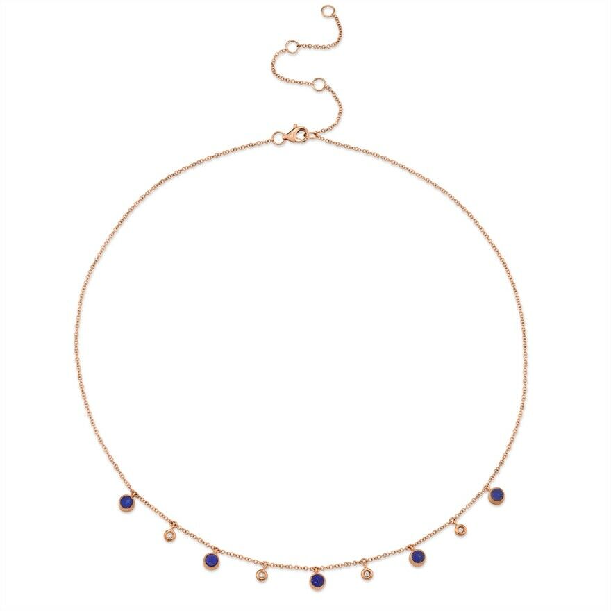 14K Gold 0.90 CT Lapis Lazuli Diamond Necklace Women's Dangle Bezel Beaded Collar