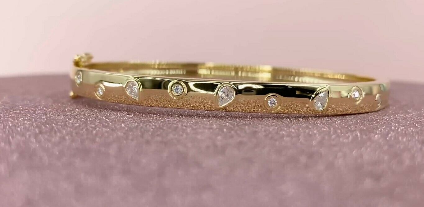 14K Gold 0.27 CT Pear Round Cut Floating Diamond Bangle Bracelet