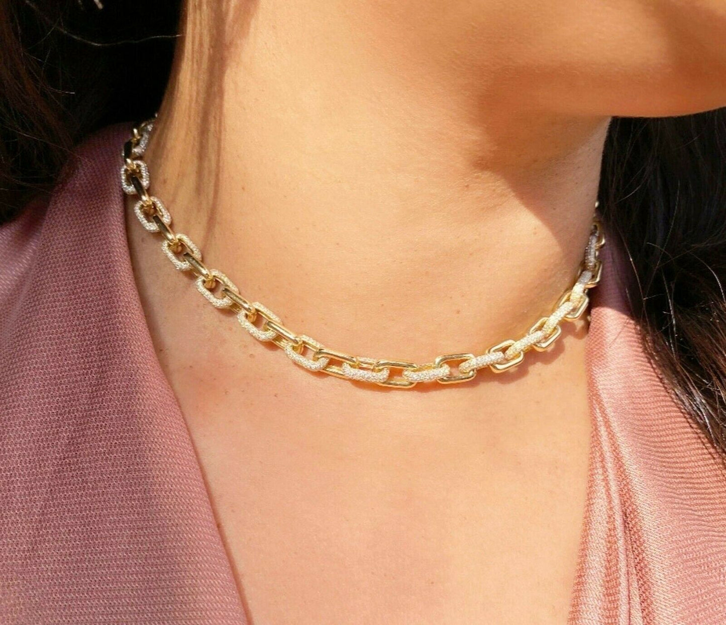 14K Gold 7.86 CT Diamond Link Necklace Paper Clip Oval Pave Set
