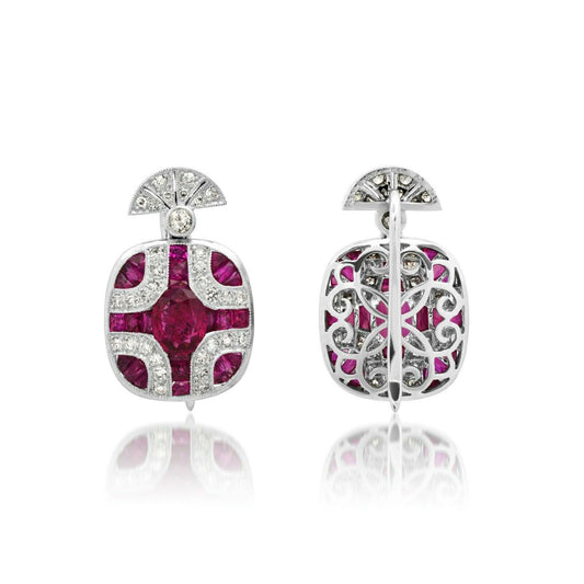Art Deco Ruby Diamond Platinum Earrings Natural Handmade Certified