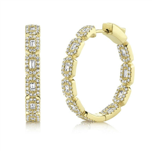 14K Gold 0.74 CT Baguette Diamond Hoop Earrings Inside Outside Natural Push Lock