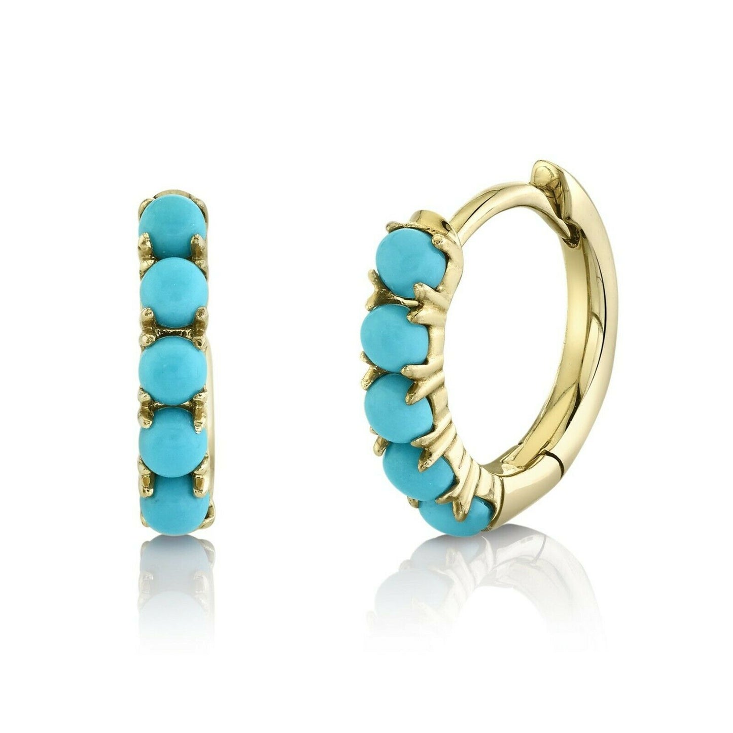 14K Gold 0.43CT Turquoise Huggie Earrings Round Cabochon 0.40" Hoops