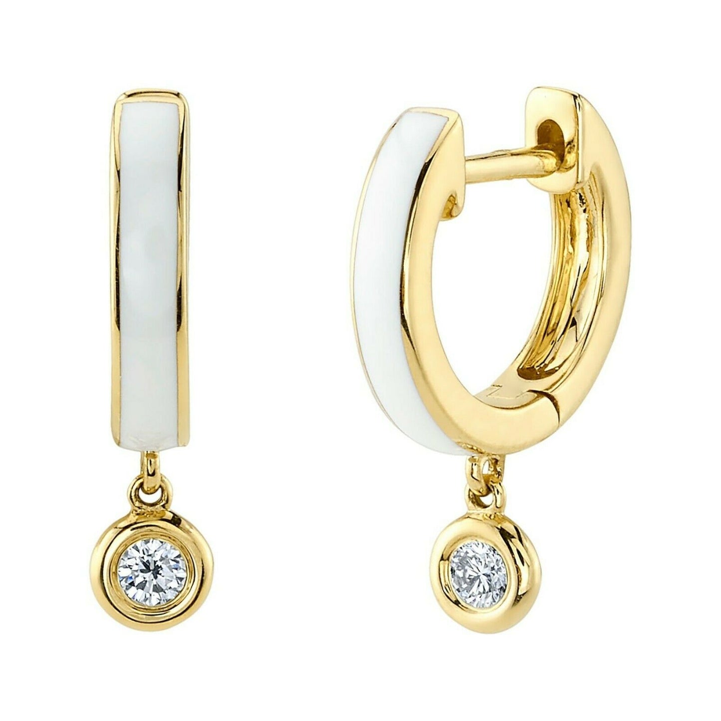 14K Gold 0.08 CT Diamond White Enamel Huggie Earrings Drop Round Cut Bezel Set