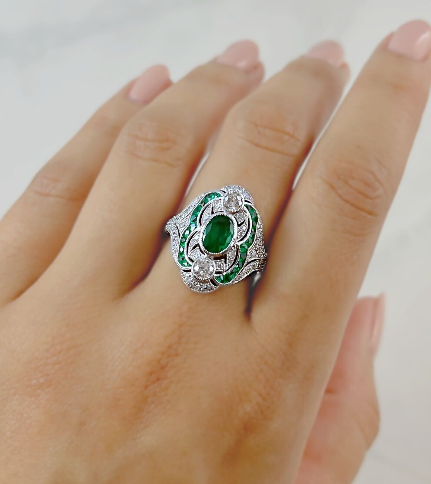 Art Deco Emerald And Old Mine Diamond Platinum Ring