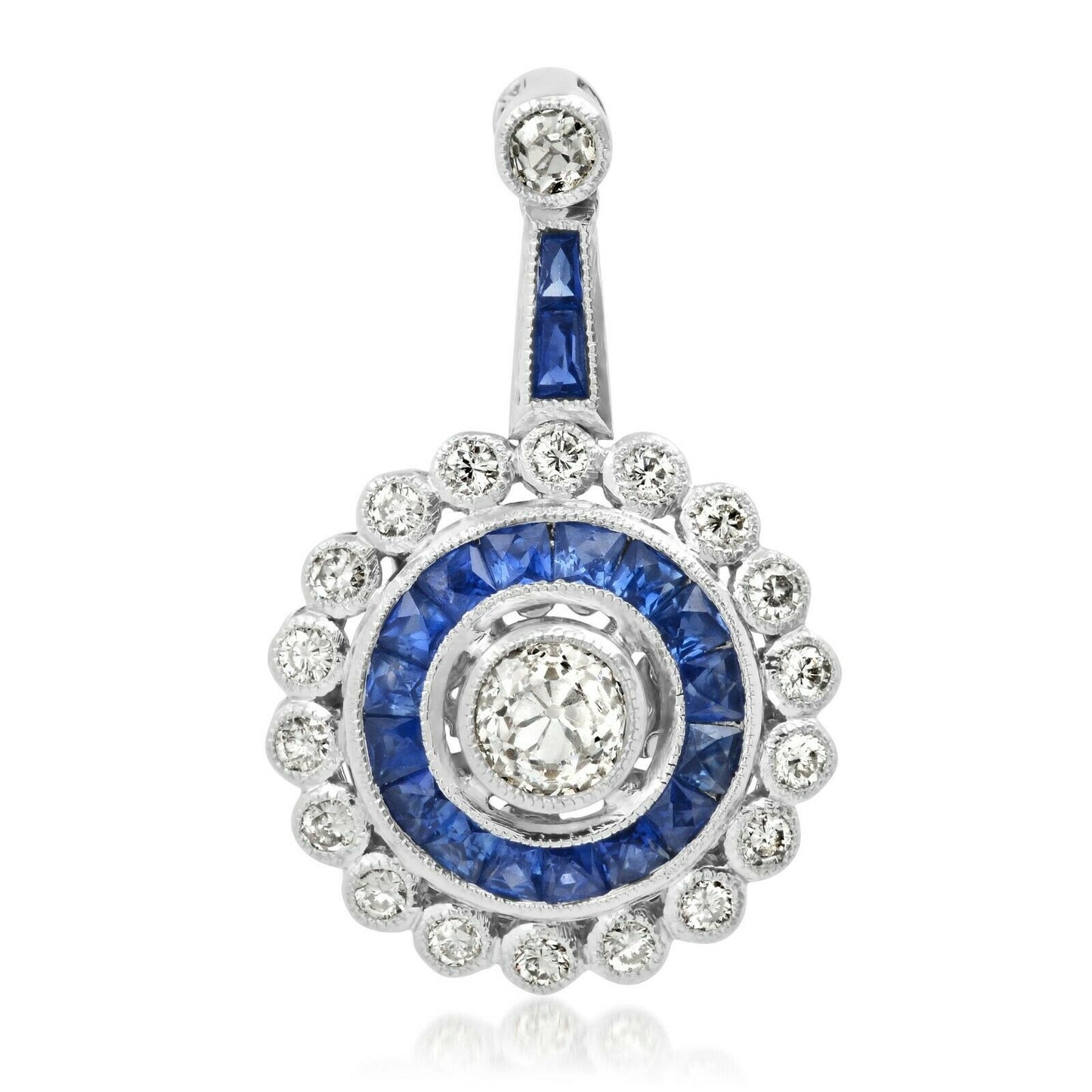 French Cut Sapphire Diamond Platinum Pendant Necklace Art Deco Chain Included