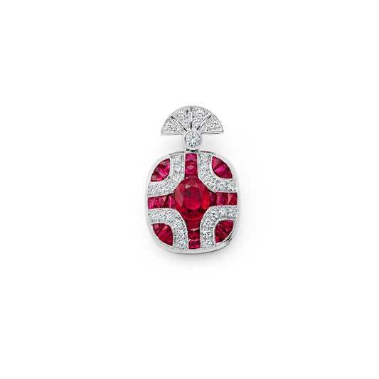 Ruby Diamond Platinum Pendant Necklace Art Deco Oval Cut Antique Finish Natural