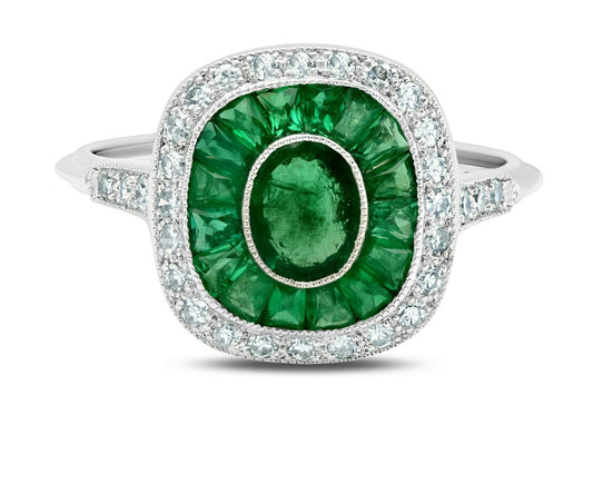 Emerald And Diamond Platinum Ring Art Deco Oval French Cut Baguette