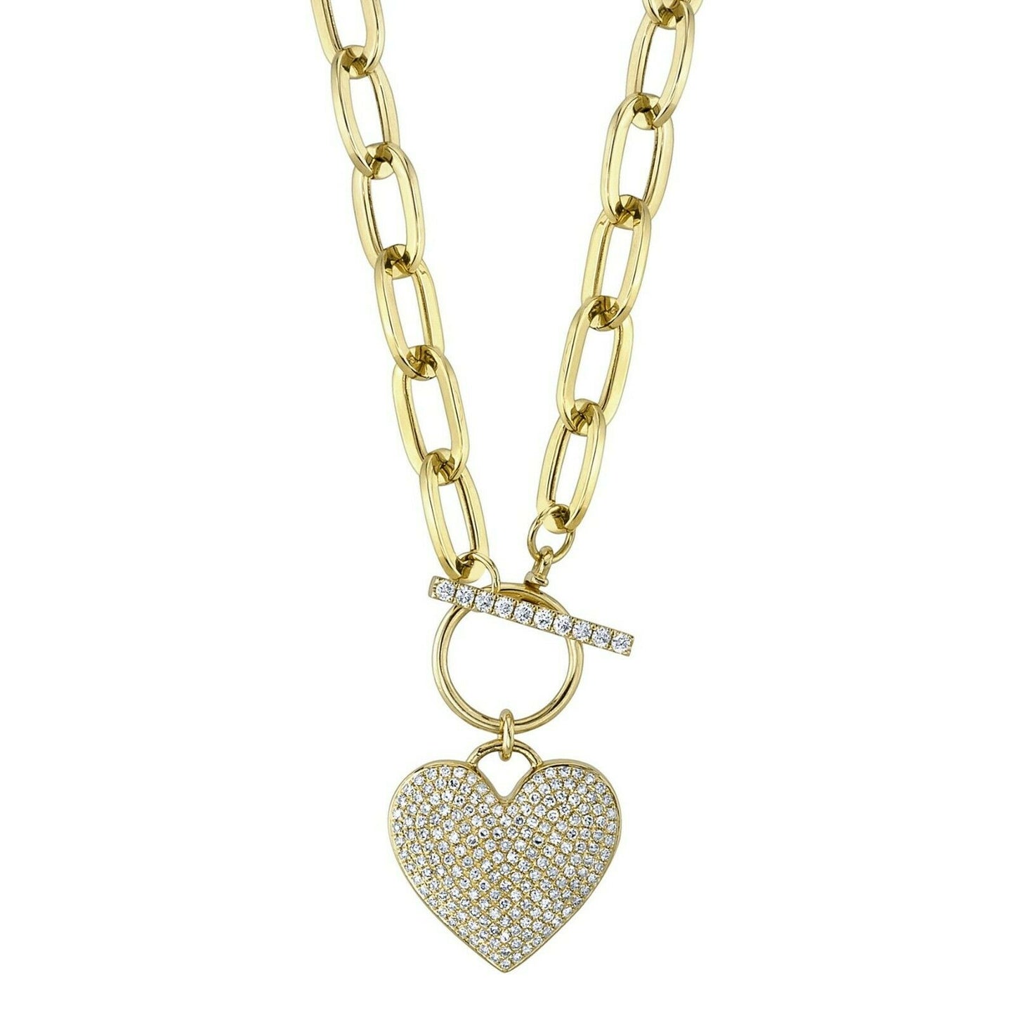 14K Gold 0.50CT Diamond Paper Clip Link Heart Necklace Round Cut Pave set