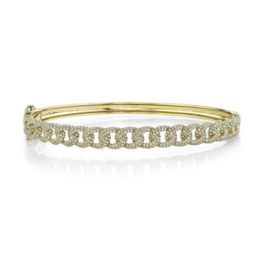 14K Gold 1.26 CT Diamond Chain Link Bangle Natural Round Pave Bracelet