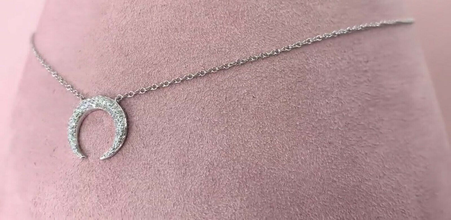 14K White Gold 0.20 CT Diamond Crescent Moon Pendant Necklace Pave Set Round Natural