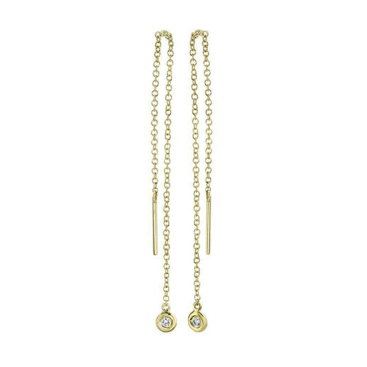 14K Gold 0.04 CT Diamond Threader Chain Earrings Bezel Set Drop Dangle Round Cut