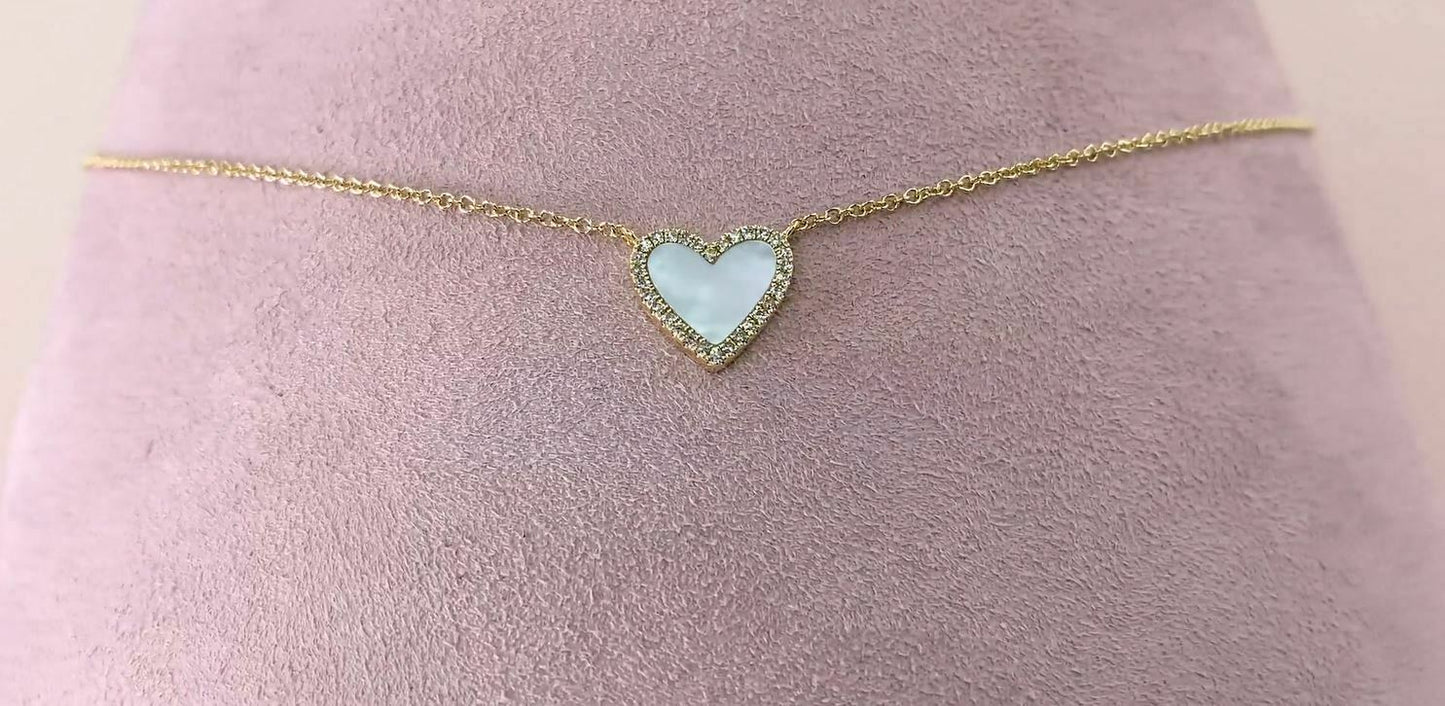 Mother Of Pearl Diamond Heart Pendant Necklace 14K Yellow Gold0.65 TCW Natural