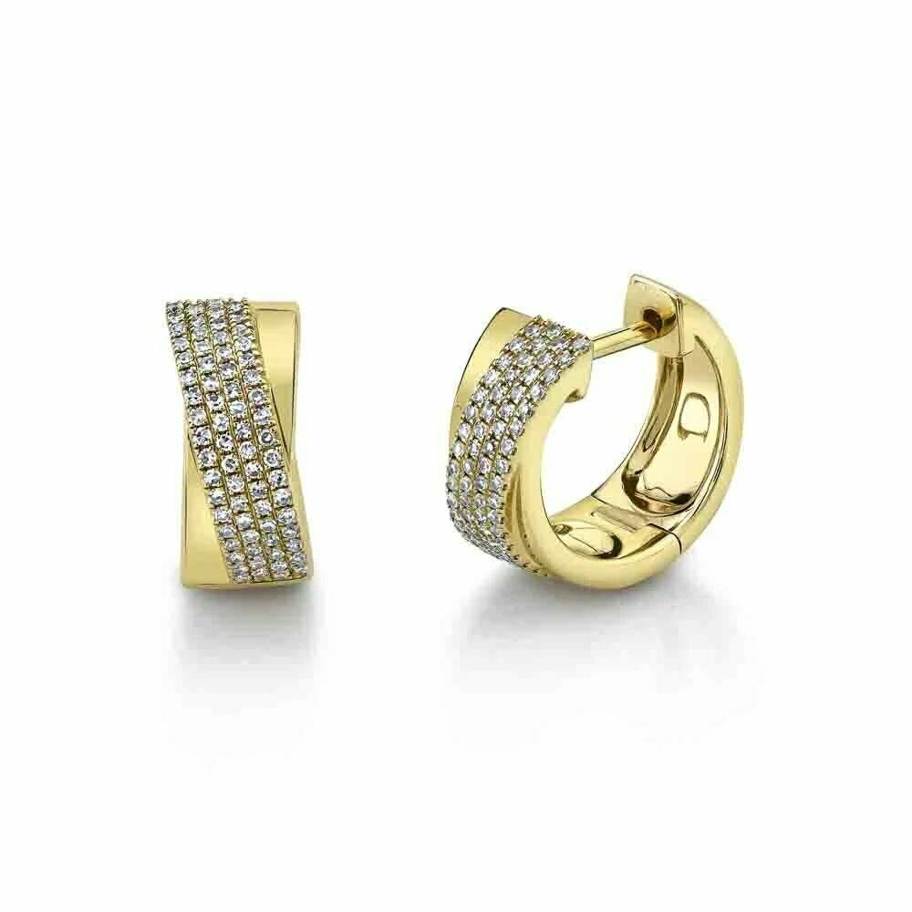 14K Gold 0.30CT Diamond Crossover X Huggie Earrings Pave Round Cut