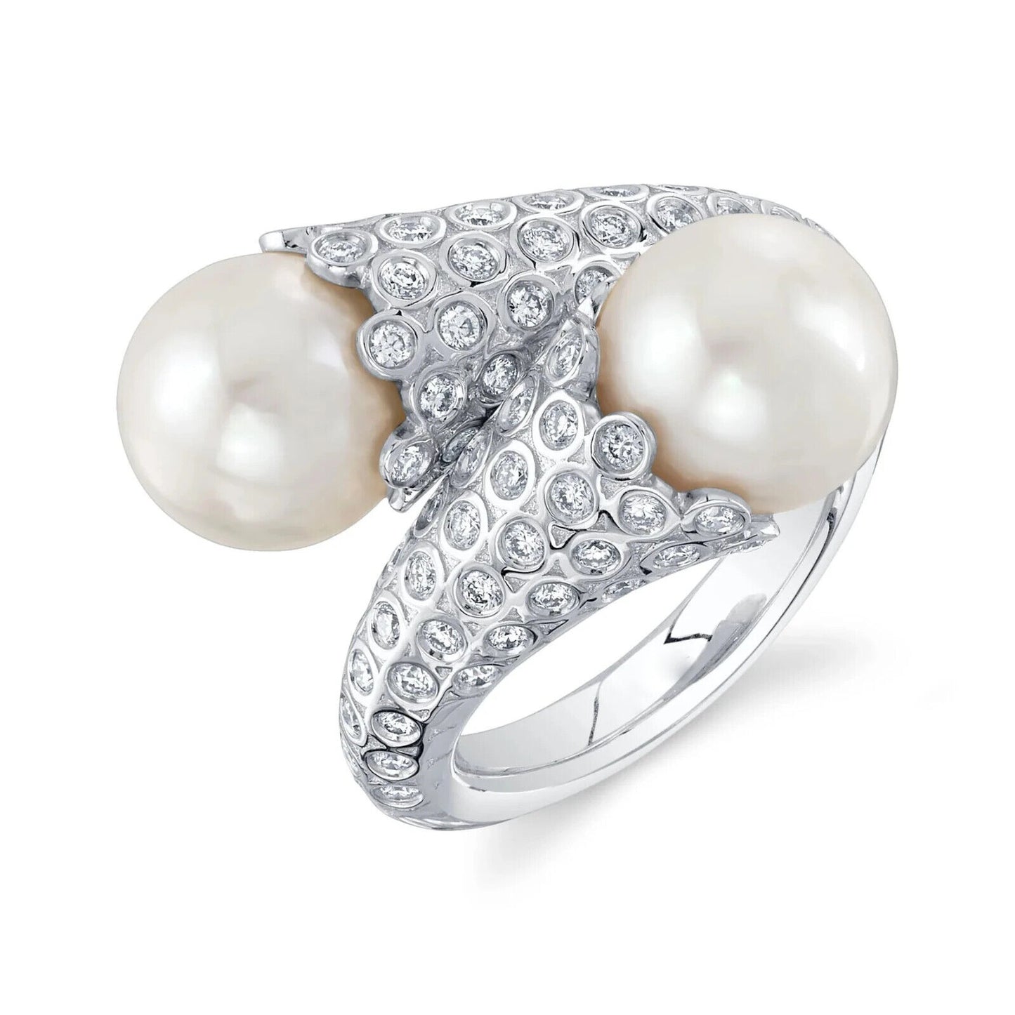 14K Gold Pearl Diamond Bypass Ring