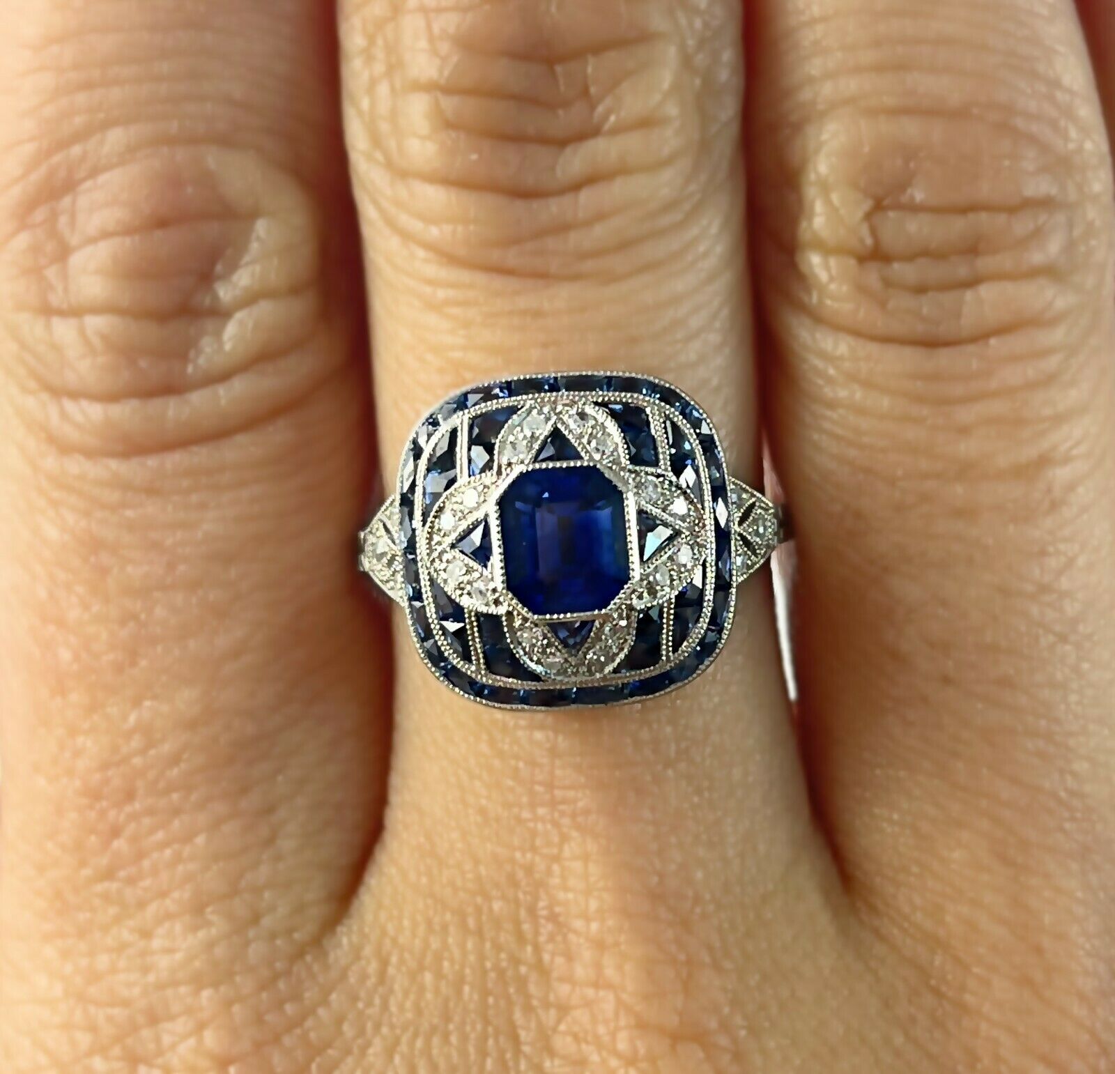 Art Deco Emerald Cut Blue Sapphire Diamond Platinum Ring