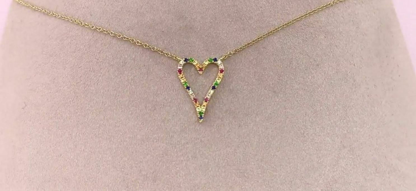 Multi Color Gemstone Diamond Rainbow Heart Necklace 14K Yellow Gold Pendant