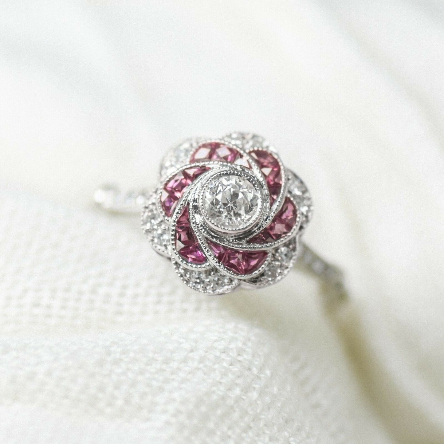 Art Deco Ruby Diamond Platinum Flower Ring Natural Handmade