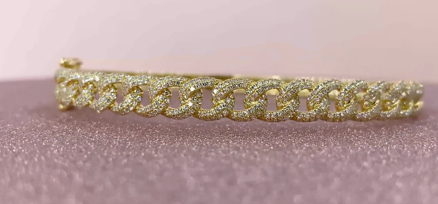 14K Gold 1.26 CT Diamond Chain Link Bangle Natural Round Pave Bracelet