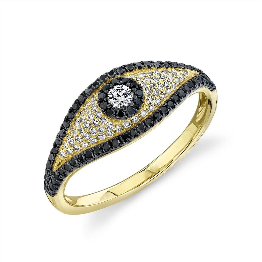 14K Gold 0.46 CT Diamond Eye Ring Black White Round Natural Evil All Seeing