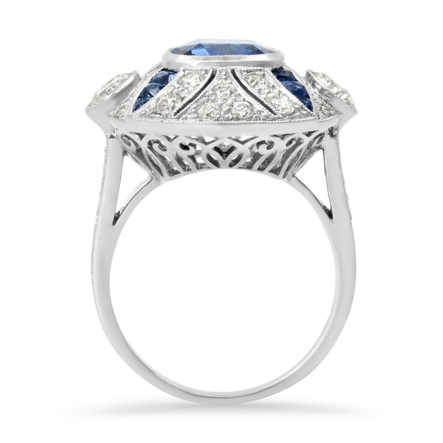 Cushion Blue Sapphire Old Mine Cut Diamond Platinum Ring Art Deco Antique Inspired
