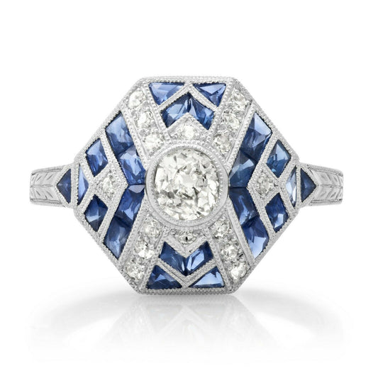 Art Deco Diamond Sapphire Platinum Ring Handmade French Cut Certified Natural