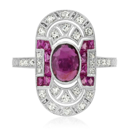 Diamond Ruby Platinum Ring GIA Art Deco Cocktail Natural Handmade