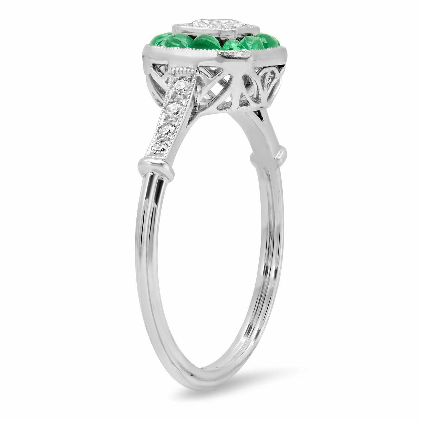 Diamond And Fancy Emerald Platinum Ring Art Deco Handmade