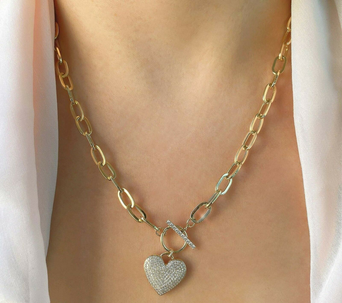 14K Gold 0.50CT Diamond Paper Clip Link Heart Necklace Round Cut Pave set