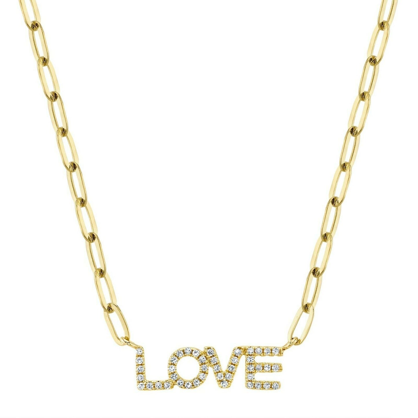 14K Gold 0.12 CT Diamond LOVE Letter Initials Necklace Paper Clip Chain