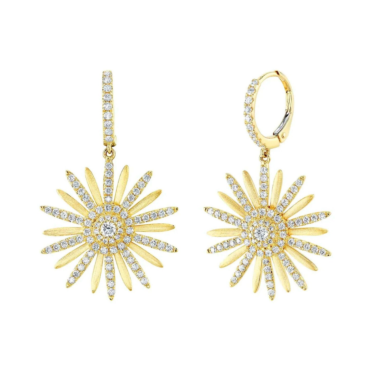 14K  Gold 1.10 CT Diamond Flower Earrings Matte' Finish Drop Dangle Round Cut