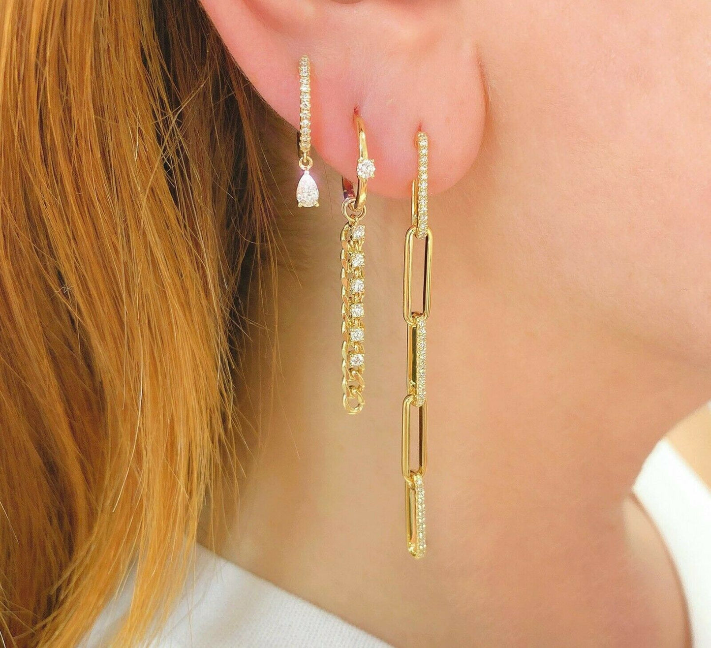 14K Gold 0.34 CT Diamond Link Chain Huggie Drop Earrings Dangle Round Cut