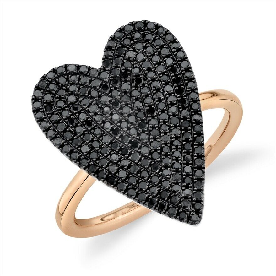 14K Gold 0.62 CT Heart Black Diamond Ring Women's Round Pave Cocktail Right Hand