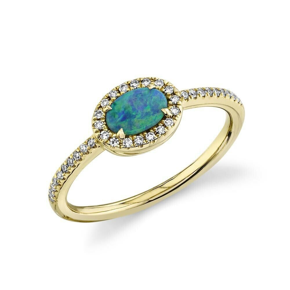 14k Gold 0.33 CT Diamond Opal Halo Ring Natural Blue Green Oval Cut